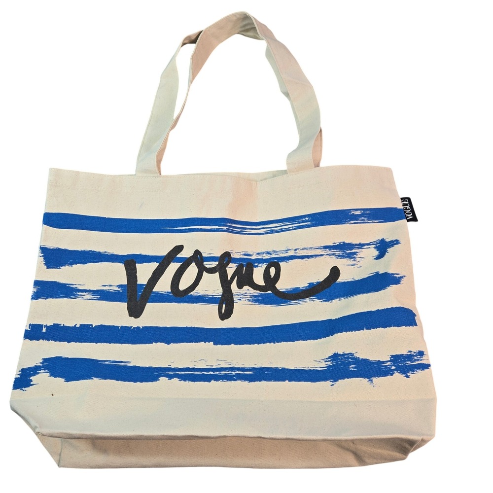Vogue Magazine Striped Canvas Tote Bag Blue White Script Logo Interior Pocket